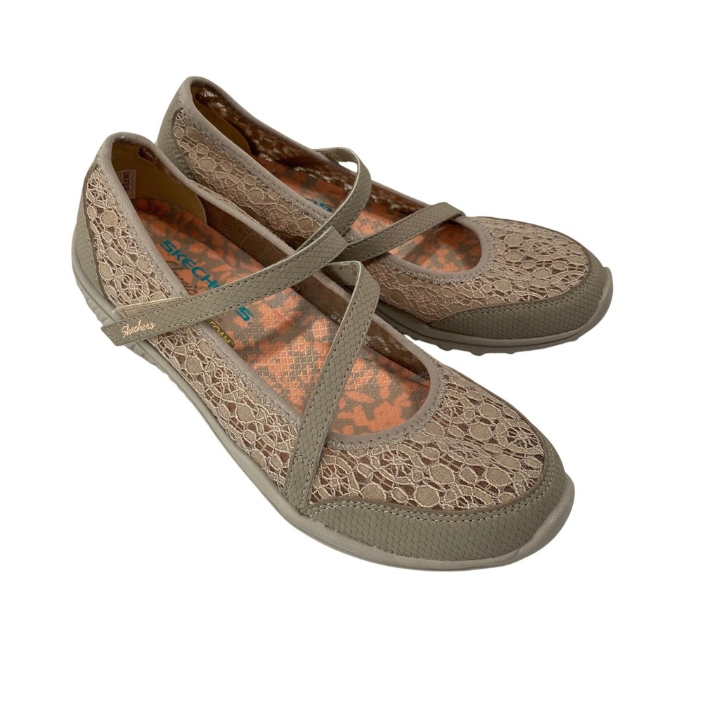 Skechers Classic Fit Mary Jane Women 6 Taupe Lace Memory Foam